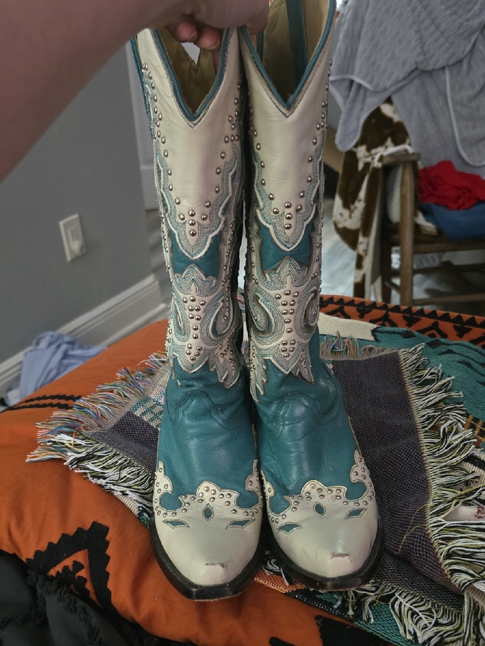 Women’s Teal and Cream Western Heeled Boots